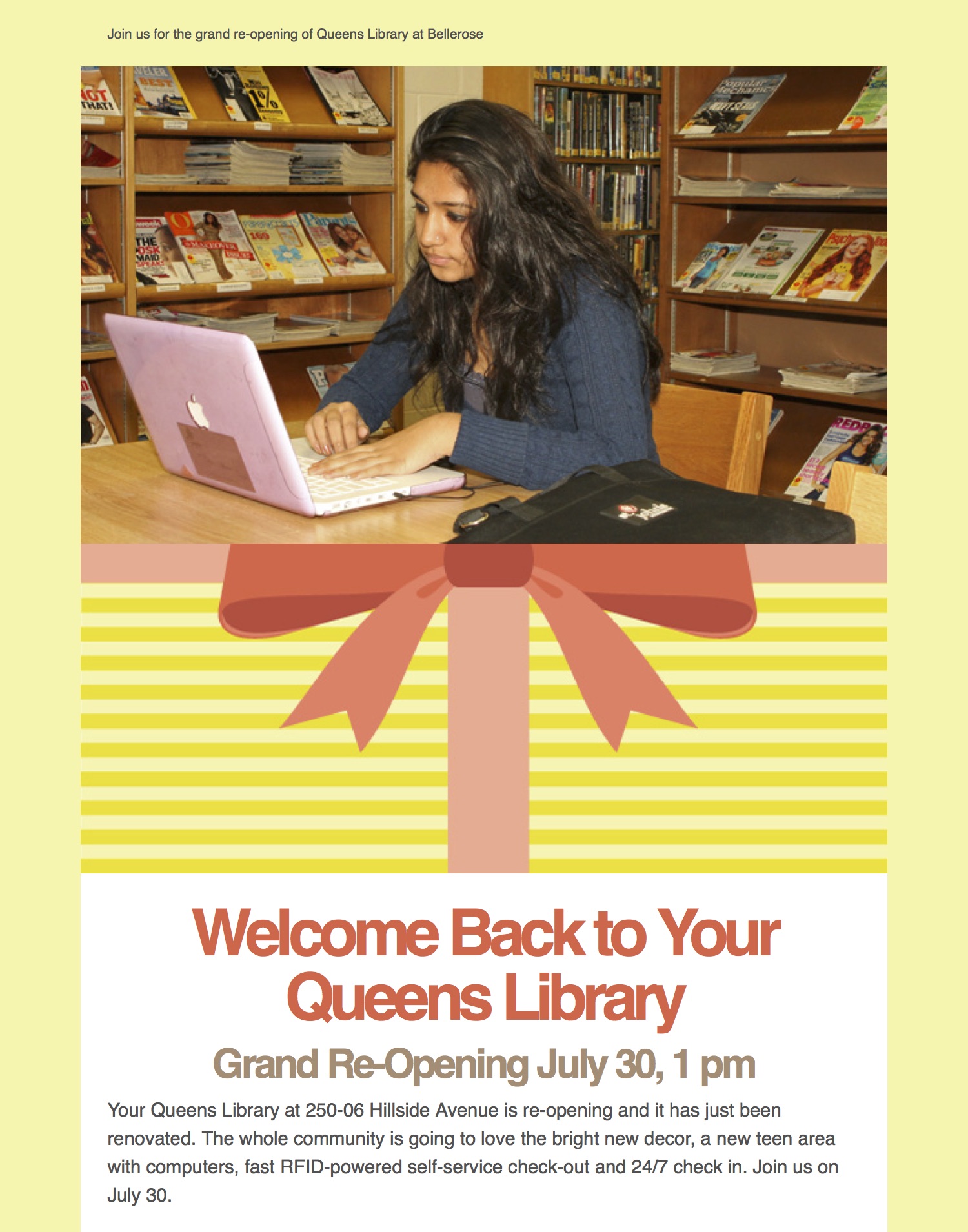 Bellerose Library Grand ReOpening Announcement Bellerose